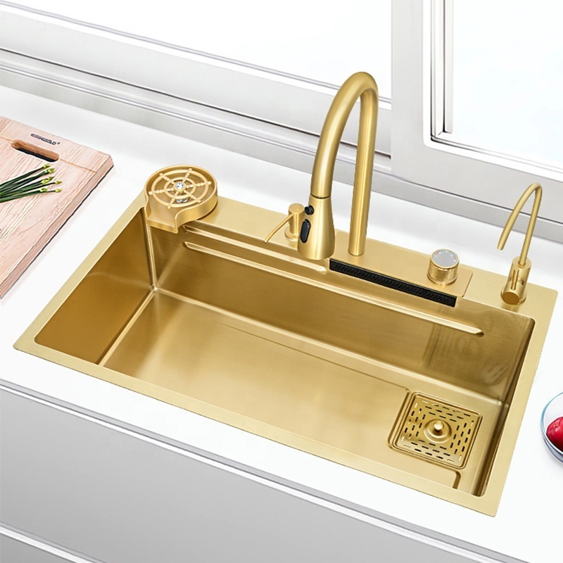 waterfall kitchen sinkGolden Waterfall Sink Gold 304 Stainless Steel Faucet Handmade