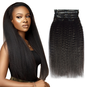 RXHAIR High Quality 1# Color Clip Ins Kinky Straight Seamless Pu Clip In Raw Hair Extension For Black Women