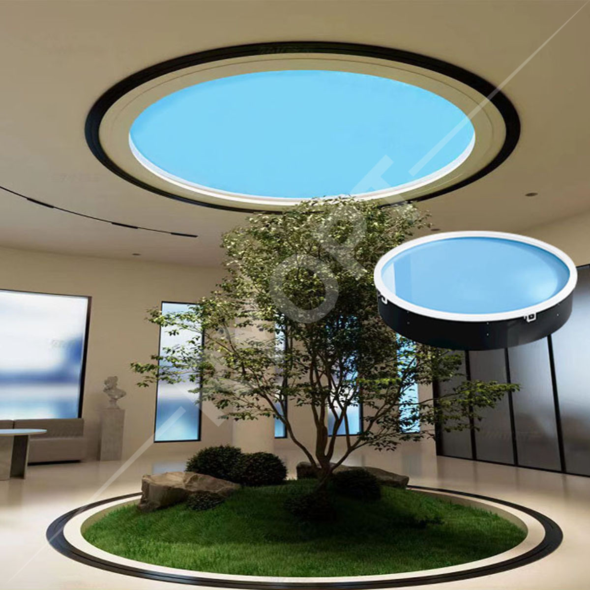 Tuya Indoor Circle Artificial Sun Led Fake Ceiling Skylight Sunlight Lamp Coelux Blue Sky Panel Light With White Cloud