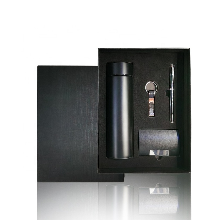 Custom Black 4-Piece Office Luxury Promotional Business Gift Set For Customers Vacuum Cup+keychain+name card holder+pen