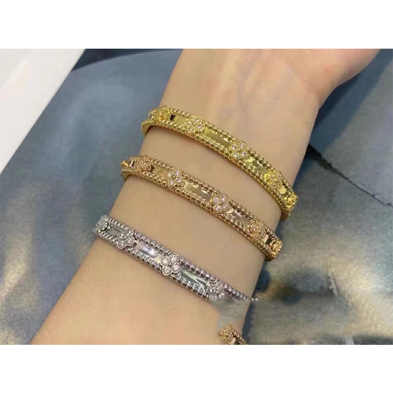 High Quality Platinum Diamond Kaleidoscope Four-leaf van Clover Bracelet Lady Bangle Brand Designer cleef Gold Clover Bracelet