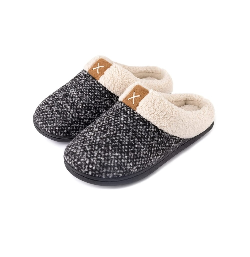 Women's comfortable memory foam slippers plush wool lined house shoes indoor, outdoor non-slip rubber sole