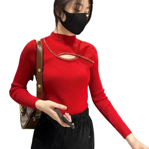 Black White Red Purple Women Knitted Long Sleeve Shirts Casual Half Turtleneck Sweater Hollow Bottoming Shirt