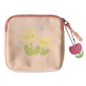 Korean Version Cute Girl Canvas Coin Purse with Zipper Flower Printing Square Storage Bag for Students Low Price Wholesale