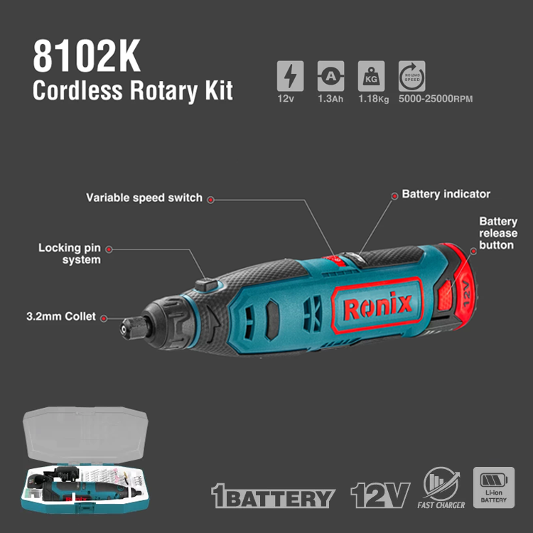 Ronix 8102K Cordless Machine Mini Drill 12v Multi-use Electric Mini Rotary Grinder Set Cordless Rotary Tool Kit