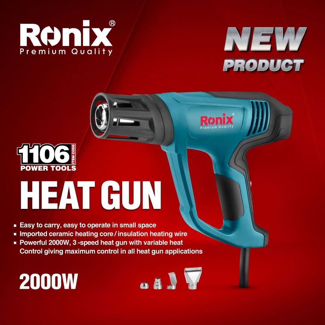 Ronix model 1106 600 degree 250/500L/Min 2000W Light Comfortable Heat Gun with Continuous Temperature Control