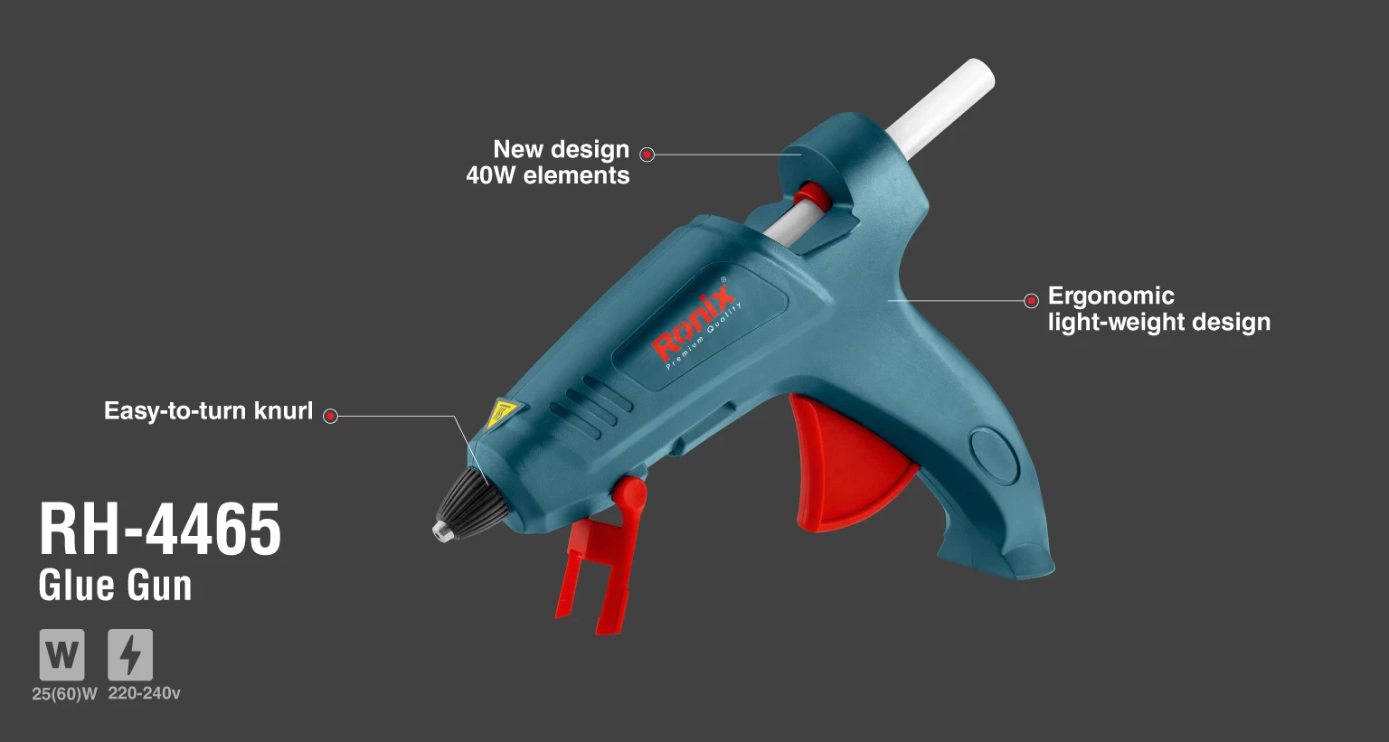 Ronix RH-4465 60W High Quality Industrial 60W 11.2mm Glue Gun Sticks Handheld Electric Hot Melt Glue Gun