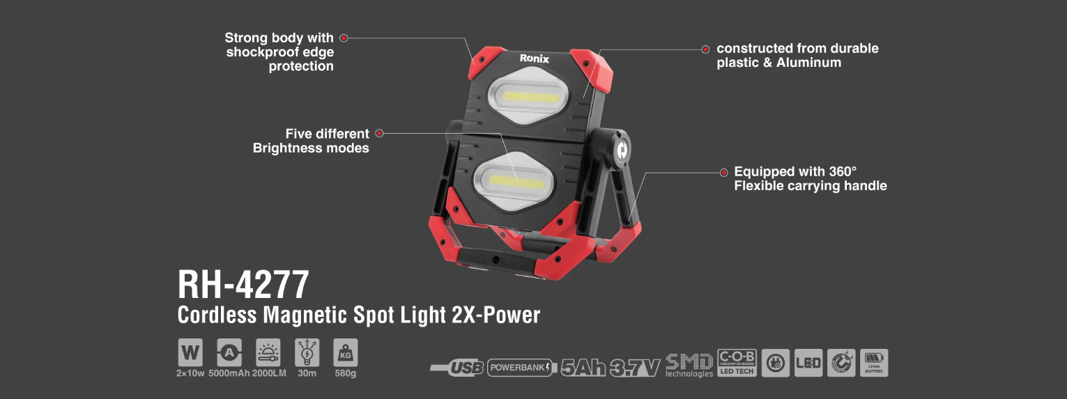 Ronix working light RH-4277 rechargeable battery light Cordless Magnetic spot light 2X power Outdoor Wall Spotlight