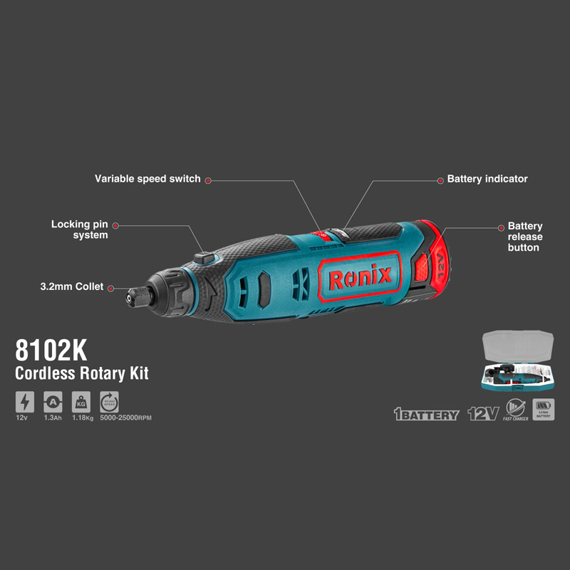 Ronix Model 8102K Cordless Rotary Grinding Polishing Tool Kit 12V Mini Electric Grinder