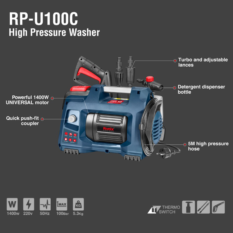 Ronix Rp-u100C High Pressure Washer Professional Washer Cleaner With Soap Bottle And Hose Reel Best For Cleaning Cars Driveways