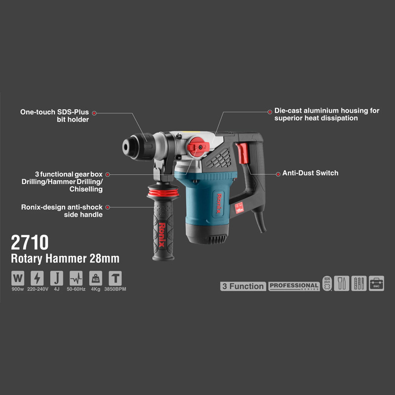 Ronix model 2710 28mm 980RPM Multifunctional power tools Sds Max Concrete Drilling Machine  Impact Rotary Power Hammer