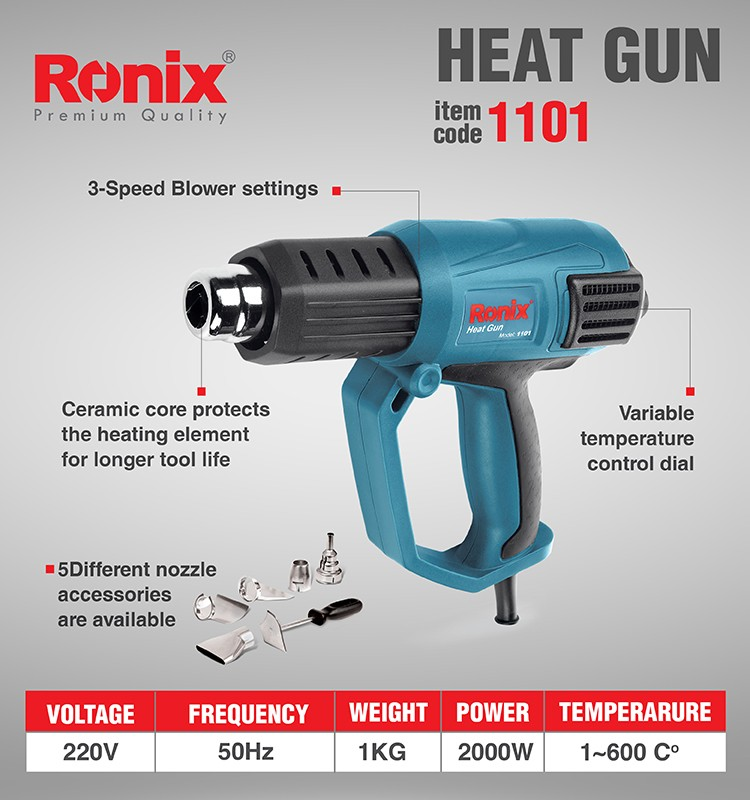 Ronix 1101 Hot Selling 50-60Hz Professional Power Tools Electric Heat Gun 2000W High-quality Multi Temperature For Woodworking