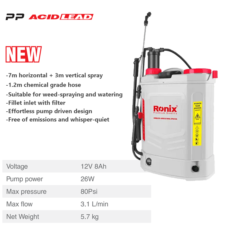 Ronix RH-6020 Hot Sale Agriculture Knapsack Battery Power Electric Hand Sprayer 20L pressure sprayer Plastic Battery Sprayer