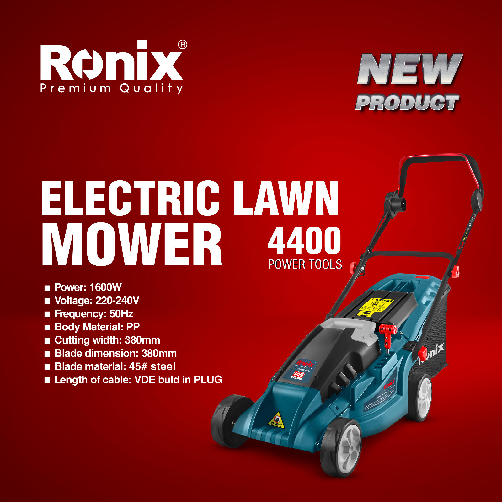 Ronix 4400 1600W Weed Eater Lawn for Home Garden Yard Cultivator Grass Trimmer Garden Tool Brush Cutter 380MM Lawn Mower