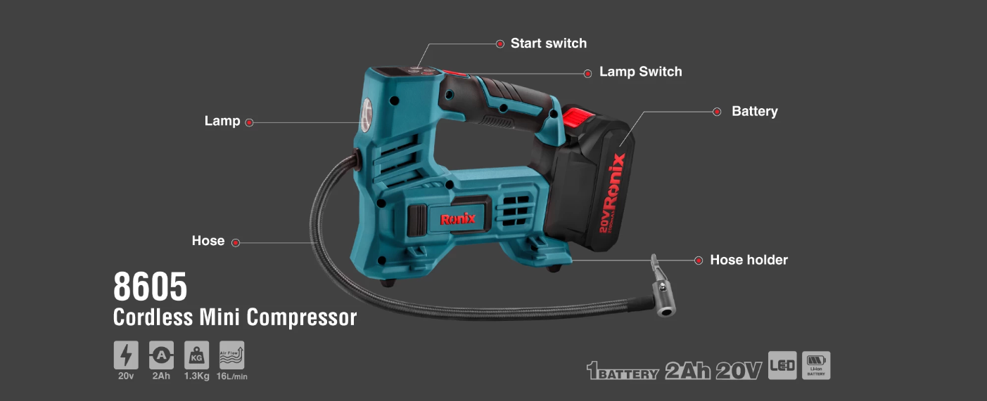 Ronix 8605 Compressor Tire Inflator Has High-Volume Inflation And Deflation Modes Cordless Mini Compressor