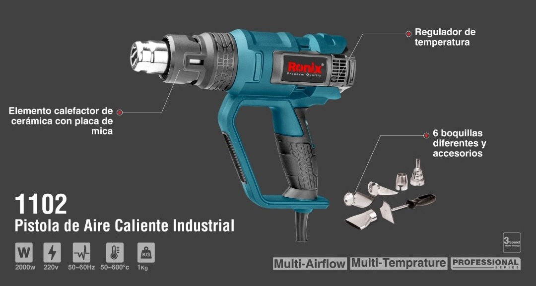 Ronix 1102 Heat Gun  Power Tools Hot Air Industrial 3 Nozzles 2000W Multi Temperature Electric Heat Gun