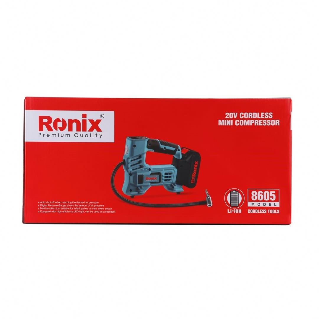 Ronix 8605 High-Pressure Inflation Mode With Automatic Shutoff Automatic Shut Off Bare With 1 Battery Cordless Mini Compressor