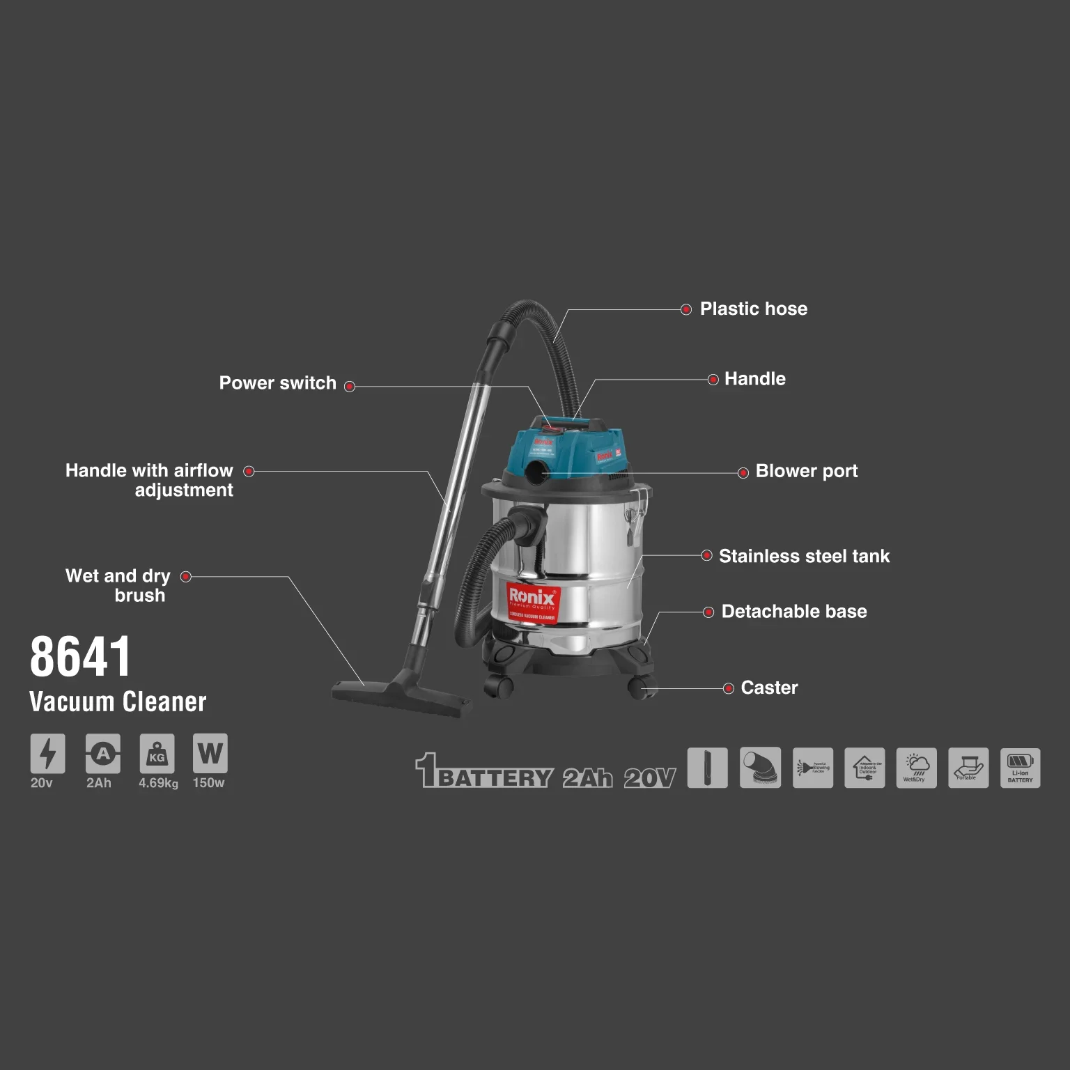 Ronix 8641cordless DC steam vacuum cleaner industrial Hand-held wet and dry water high pressure cleaner home carpets cleaner