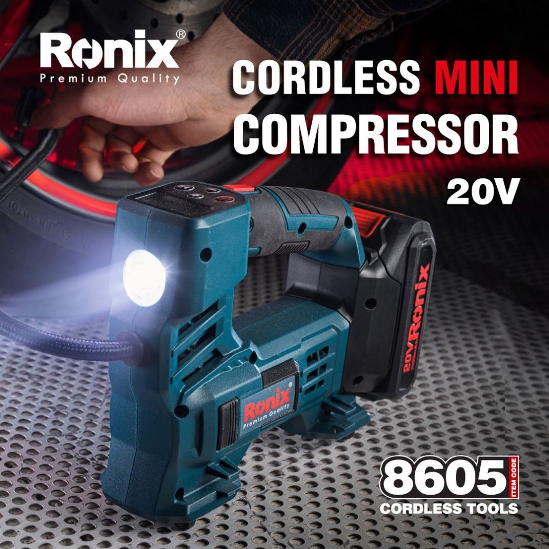 Ronix 8605 High-Pressure Inflation Mode With Automatic Shutoff Automatic Shut Off Bare With 1 Battery Cordless Mini Compressor