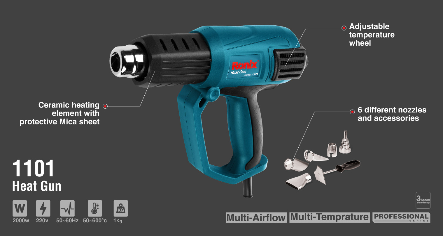 Ronix in stock 1101 2000W Quick Temperature Adjustment Electric Hot Air Gun For Shrink Wrap Plastic Welding Heat Gun