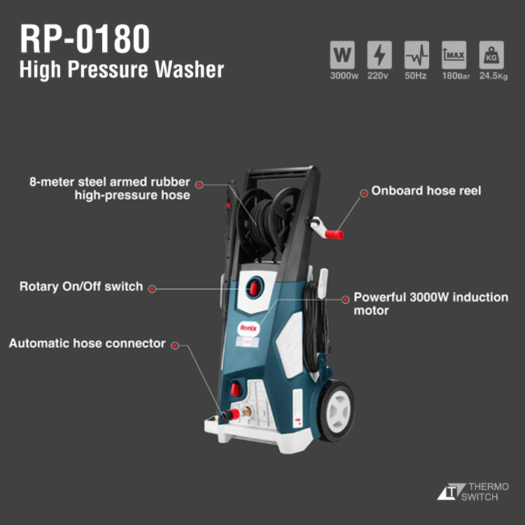 Ronix 3000W Professional Car Pressure Washer 180 Bar Power Washer Cleaner Electric Ultra High Pressure Washer for Cars