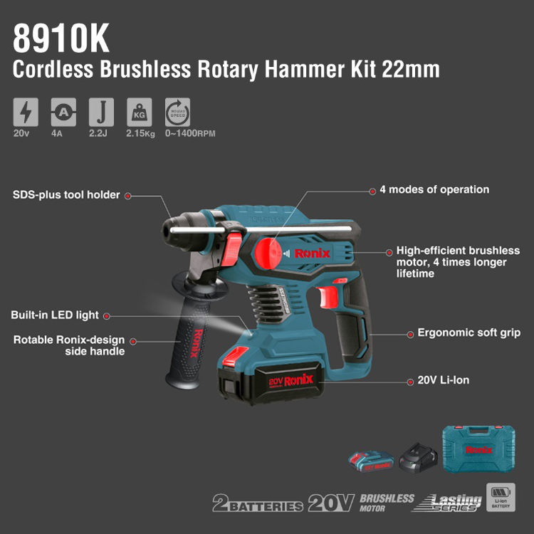 RONIX 8910k Electric Hammer 26mm Power Tools Rechargeable Lithium Battery brushless 20V Cordless Hammer Drill