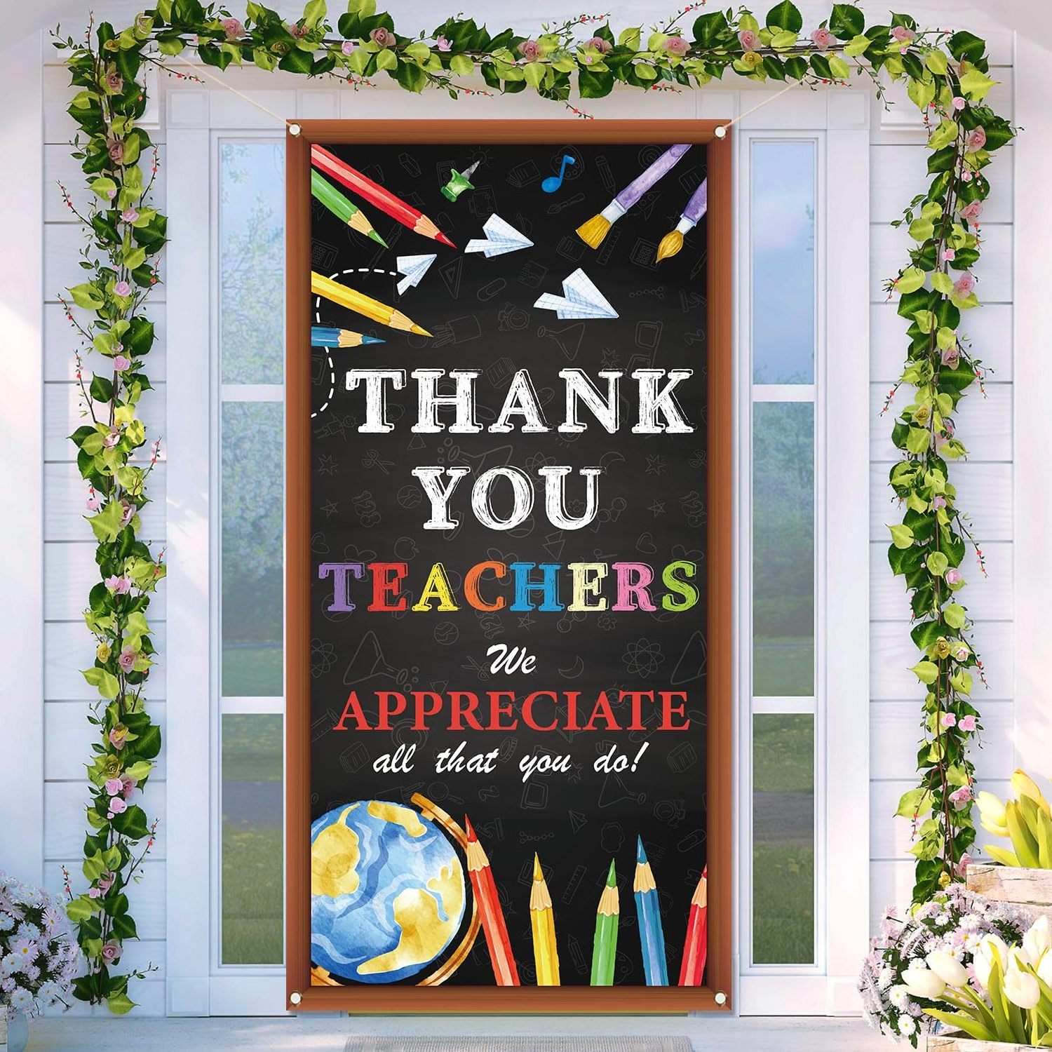 School Classroom Front Door Decoration Polyester Fabric 180x90cm Any Logo Thank You Teachers  Porch Door Cover