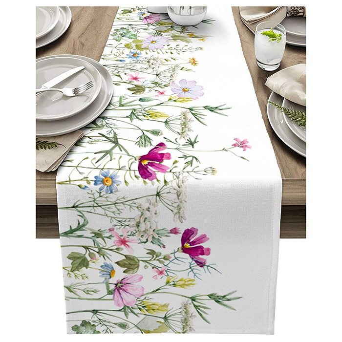 2023 Hot Custom size Sublimation Digital Printed Cotton Linen Pattern Table Runner With Lace For Decoration home Tablecloth