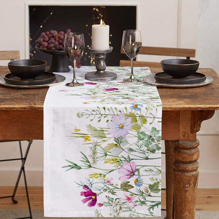 2023 Hot Custom size Sublimation Digital Printed Cotton Linen Pattern Table Runner With Lace For Decoration home Tablecloth