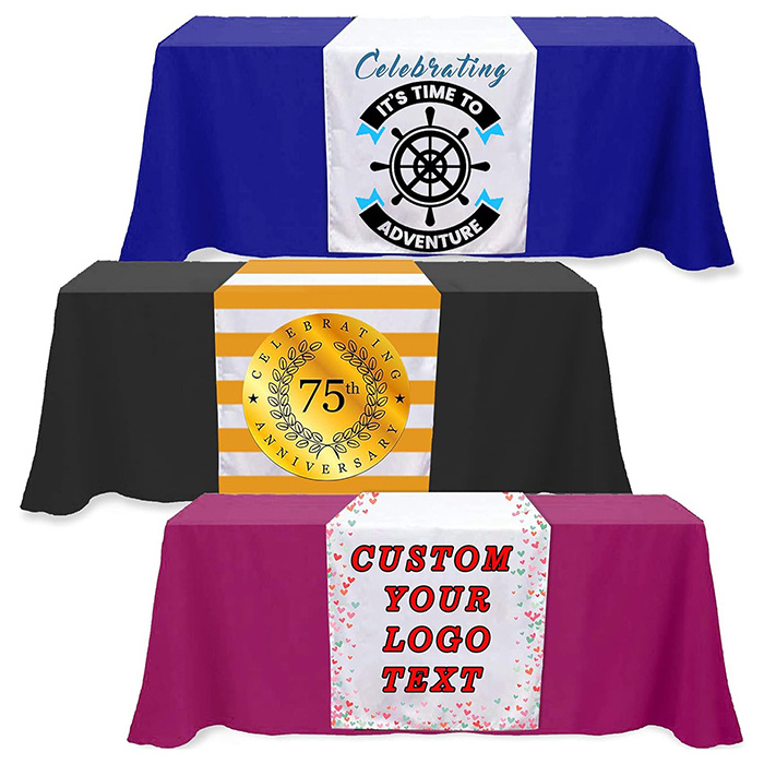 Custom Table Cloth Cover with Business Logo or Text Stretch Personalized Tablecloth Spandex for Trade show Event table Runner