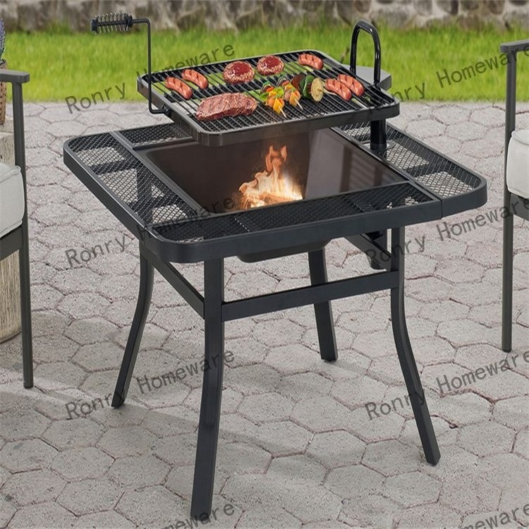 garden supplies Square  iron fire pit with adjustable rotating grill and poker outdoor indoor wood burning fire pit brazier