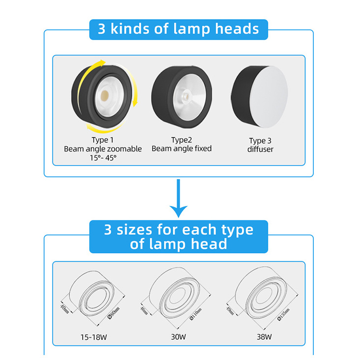 RONSE Ceiling Surface Mounted Led Down Light 2 Heads Spotlight 20W Focusable Beams 15-40 Dia 80mm 3 Inch Ceiling Downlight Led