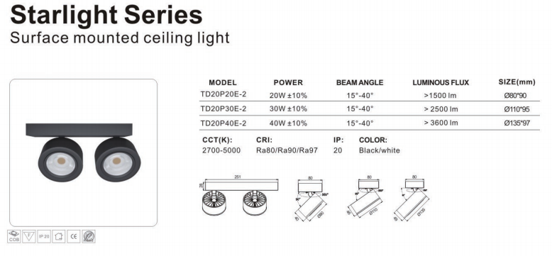 RONSE Ceiling Surface Mounted Led Down Light 2 Heads Spotlight 20W Focusable Beams 15-40 Dia 80mm 3 Inch Ceiling Downlight Led