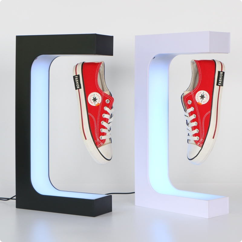 E shape base magnetic levitation floating shoes display stand with material acrylic led lights