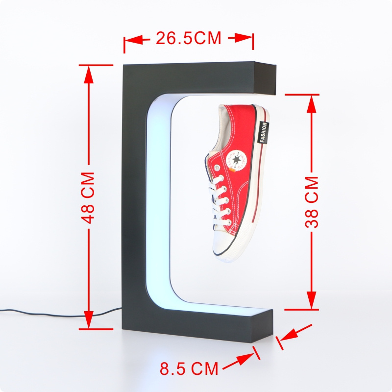 E shape base magnetic levitation floating shoes display stand with material acrylic led lights