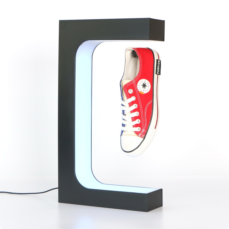 E shape base magnetic levitation floating shoes display stand with material acrylic led lights