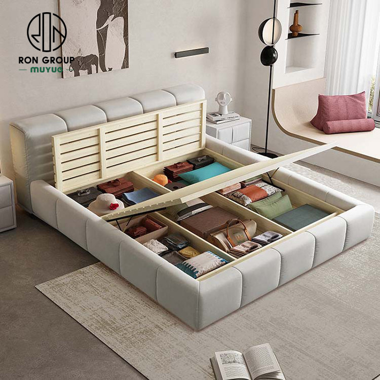 Hot sale apartment modern cream bedroom furniture technology velvet soft Puff Bed bed with storage king size bed