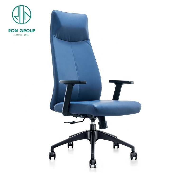 Ergonomic Executive Chair Blue Leather Adjustable Headrest Metal Legs-Modern Factory Cheap Price-for CEO Office Boss Meeting