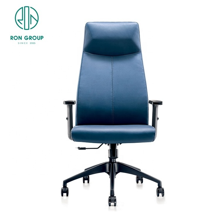 Ergonomic Executive Chair Blue Leather Adjustable Headrest Metal Legs-Modern Factory Cheap Price-for CEO Office Boss Meeting