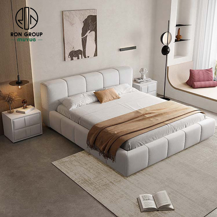 Hot sale apartment modern cream bedroom furniture technology velvet soft Puff Bed bed with storage king size bed