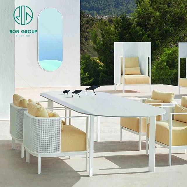 new design hotel project garden patio furniture luxury all weather pool stainless steel round outdoor tables and chairs set