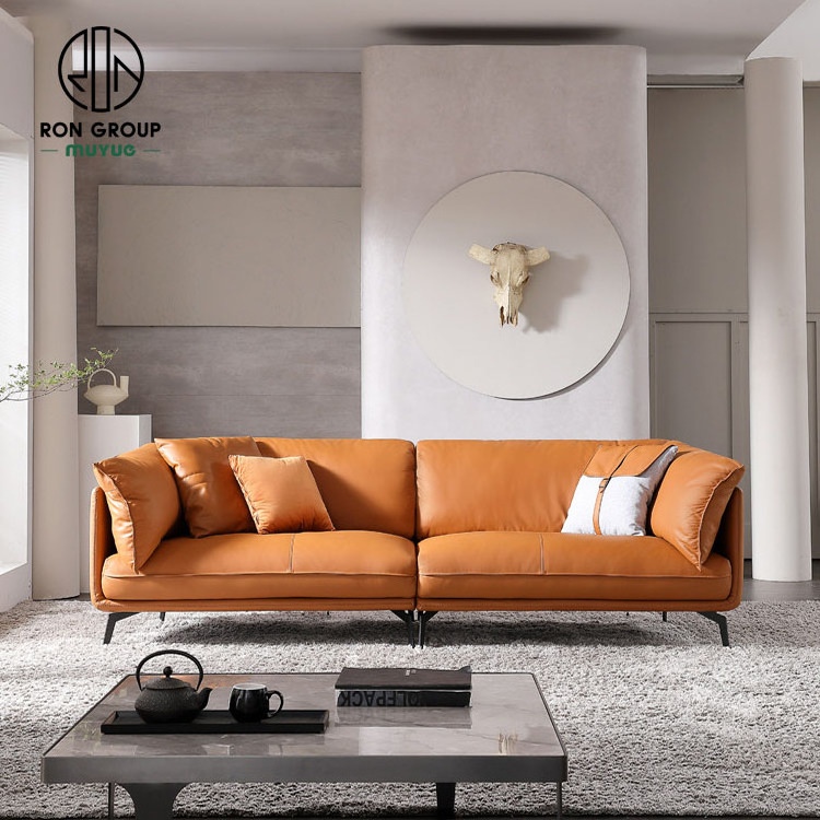 Wholesale Customized Modern Apartment Furniture Orange Italian Recliner Cowhide Leather Royal Design Couch Living Room Sofas