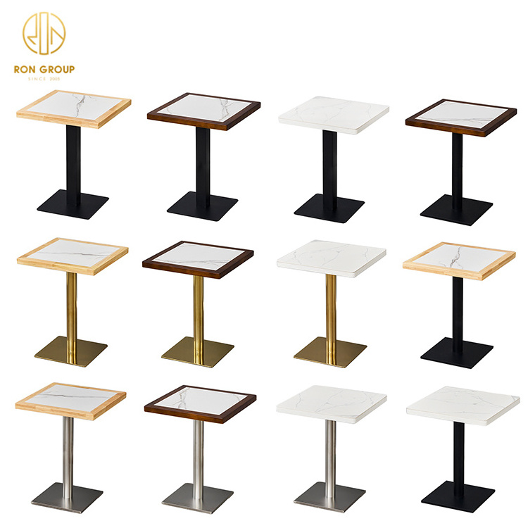 Custom square oak Coffee Shop Commercial Furniture Solid metal gold bistro small cafe Wood marble wooden Restaurant table