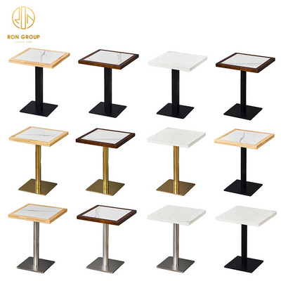 Custom square oak Coffee Shop Commercial Furniture Solid metal gold bistro small cafe Wood marble wooden Restaurant table