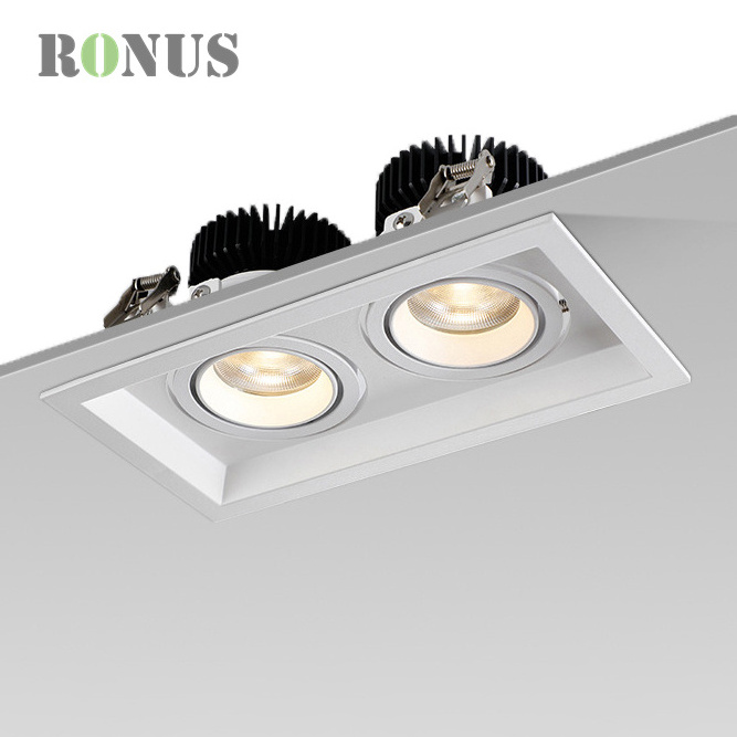 Double Head Rectangular Spot LED COB 7W*2 Ceiling Down Adjustable Square Recessed Downlight Grille Light