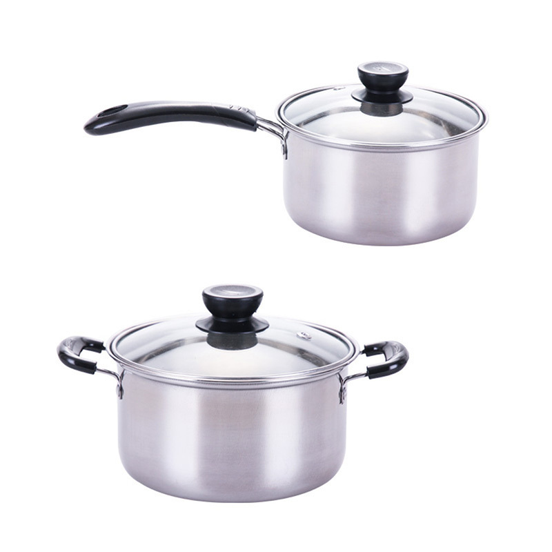 Stainless steel cooking soup pot cookware kitchen boiling water plastic handle lid instant noodles arc milk pot with glass cover