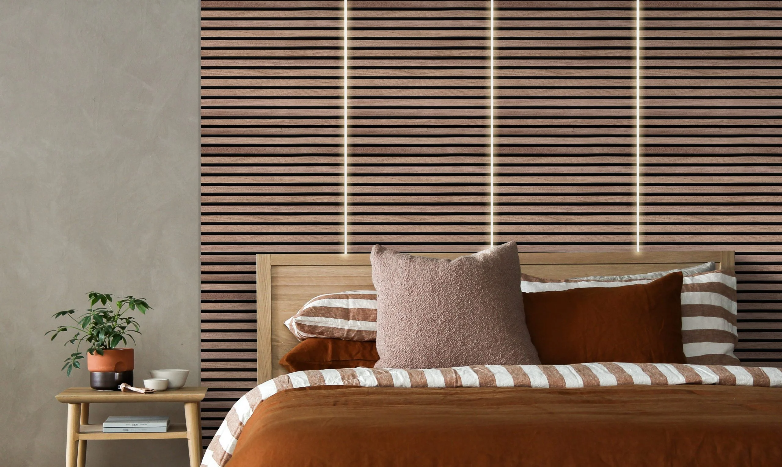 Akupanel sound absorption 3D wood slat panels wall decor interior with led lights