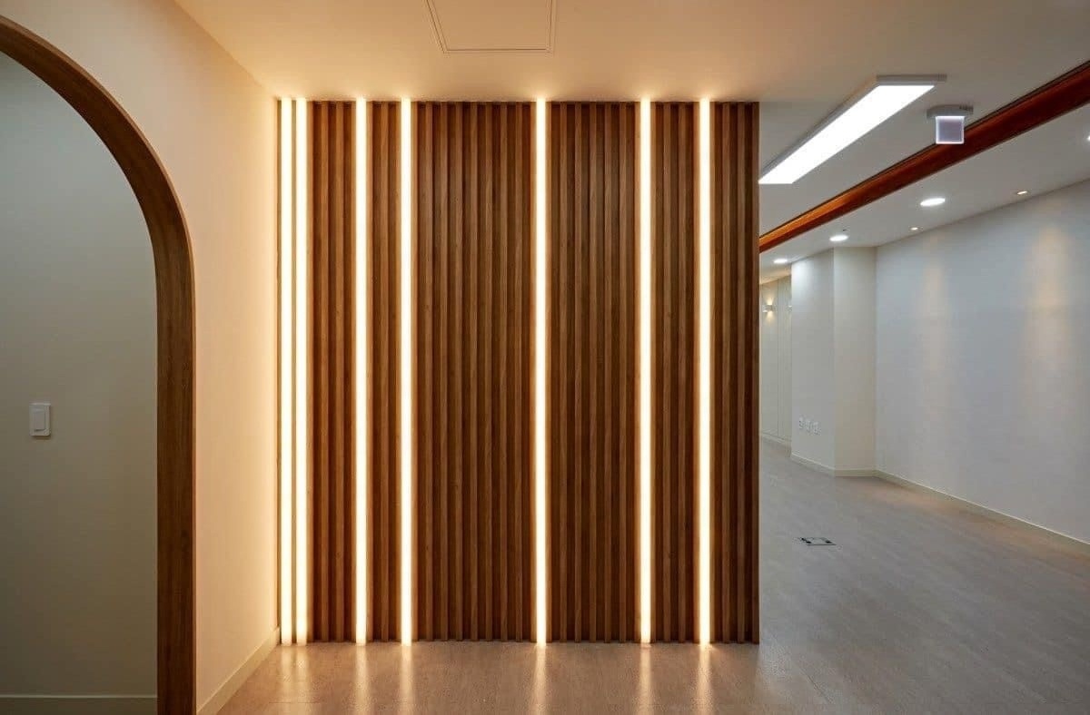 Akupanel sound absorption 3D wood slat panels wall decor interior with led lights