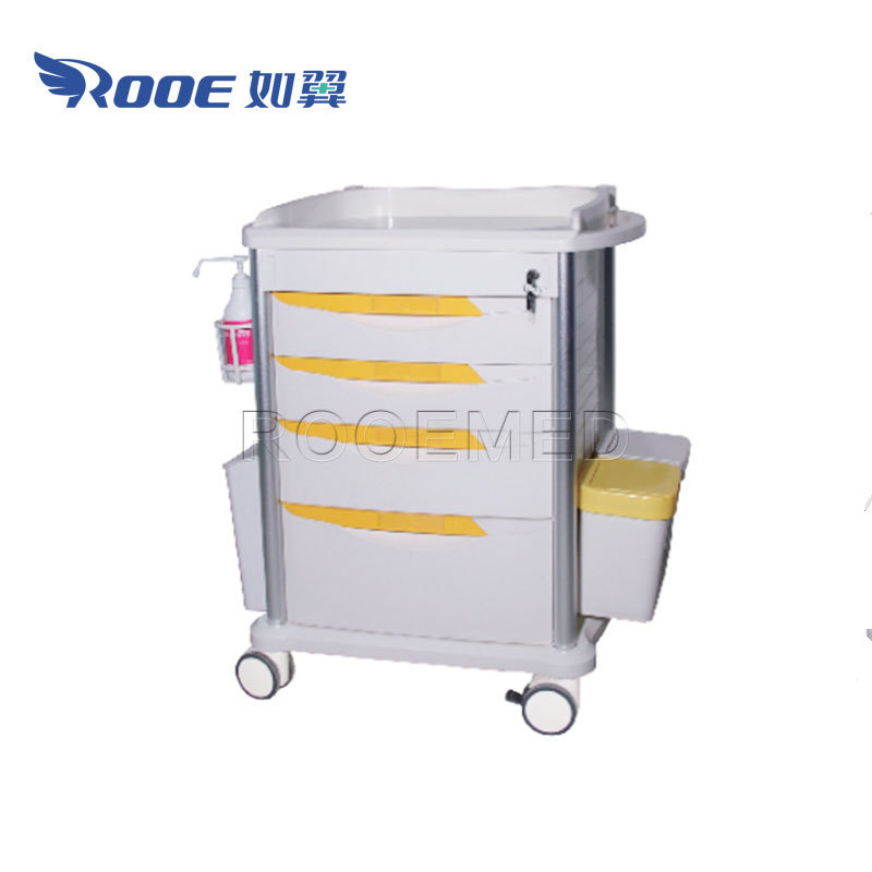 4/6 Drawers Medicine Delivery ABS Crash Cart Medical Trolley with Double Armrests and Integrated Table Top