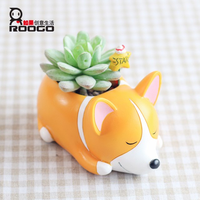 ROOGO Novelty Cute Resin Sleepy Puppy Corgi Husky Schnauzer Animal Succulent Flower Pots Plant Box Home Decor Items